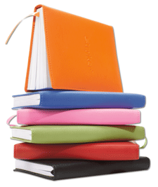 red, orange, green, blue, pink and chocolate bonded leather writing journals